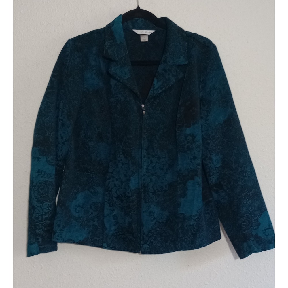 Christopher & Banks Teal Black Floral Brocade Zip Front Jacket Womens Small